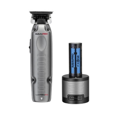 Aparato de barbear BaBylissPRO cinzento metálico e dispositivo cylindrical azul e preto.