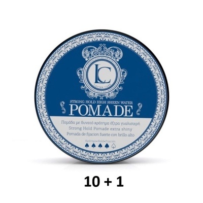 Pomada para cabelo em embalagem redonda azul e branca com texto