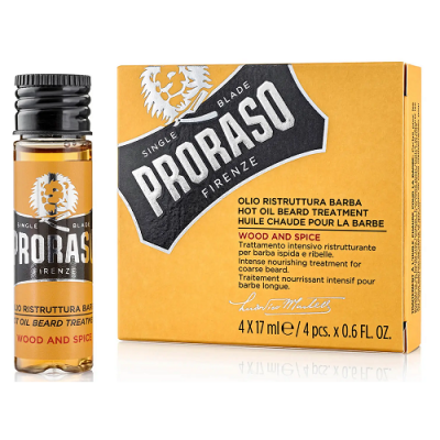 Frasco e caixa amarela do Proraso Hot Oil Beard Treatment com texto e logótipo