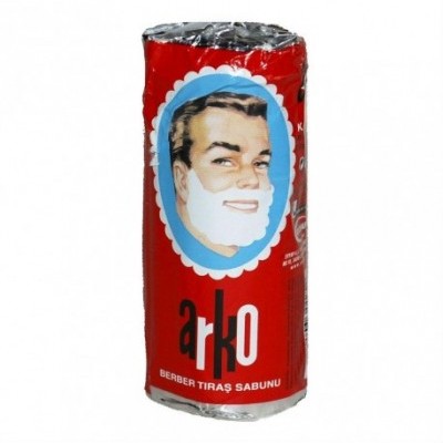 Sabonete de barbear em barra vermelho com imagem de homem e texto arKo