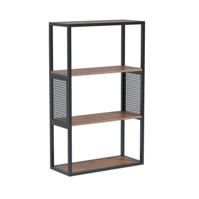 Estante metálica preta com prateleiras em madeira castanho médio e laterais em grelha