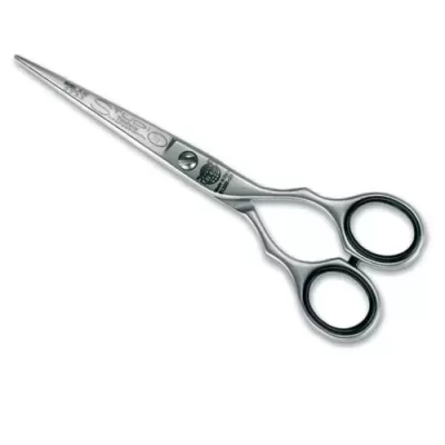 Tesoura de corte metálica prateada com punhos redondos pretos