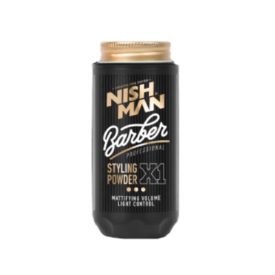 Frasco preto com tampa dourada e texto NISH MAN Barber Professional Styling Powder X1