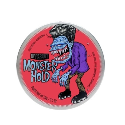 Embalagem redonda vermelha de cera para cabelo Uppercut Deluxe Monster Hold com ilustração de monstro azul