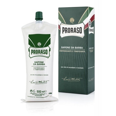 Proraso sabonete para barbear em embalagem branca e caixa verde com texto italiano