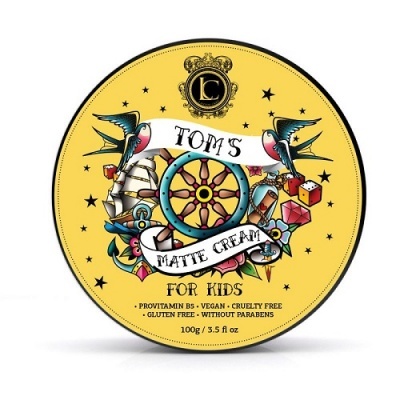 Embalagem redonda amarela de creme matte para crianças com ilustração colorida e texto descritivo