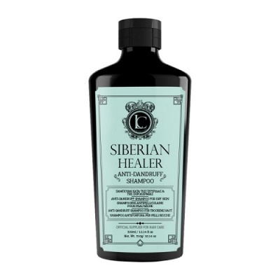 Frasco de shampoo Siberian Healer anti-caspa com rótulo azul e texto preto