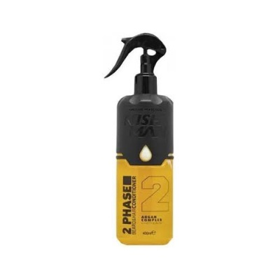 Frasco de spray condicionador 2 PHASE preto e amarelo com texto