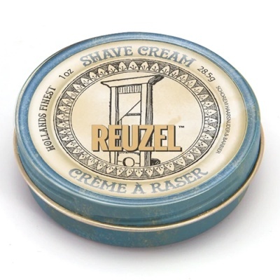Lata metálica azul com crema de barbear REUZEL