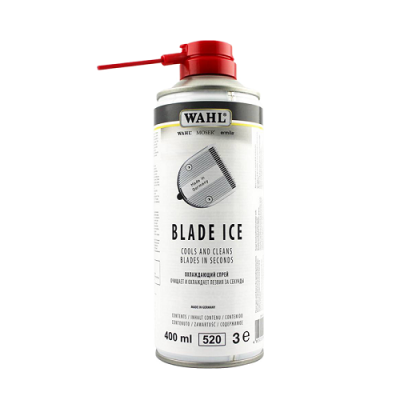 Lata de spray branca cinzenta com tampa vermelha e texto 'WAHL BLADE ICE'.