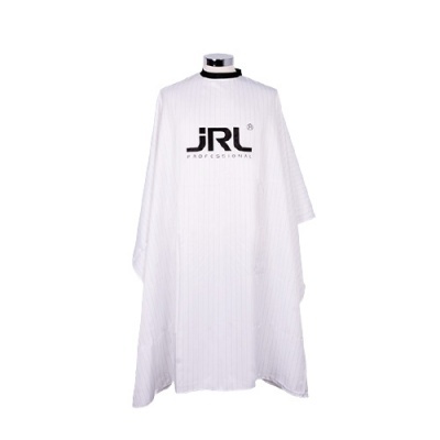 Capa de barbeiro branca com texto preto e gola preta ajustável