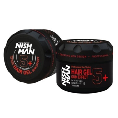 Potes de gel de cabelo NISH MAN preto com texto branco e vermelho