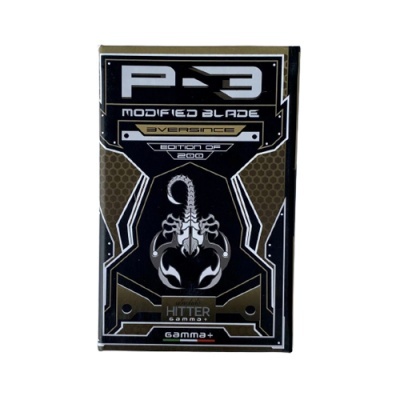 Embalagem preta e dourada com ilustração de escorpião e texto P-3 Modified Blade