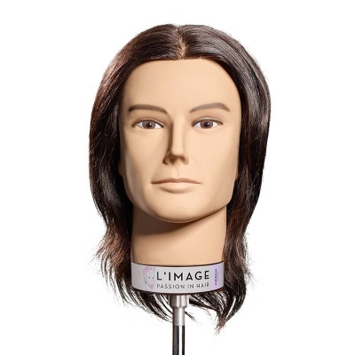 Cabeça manequim masculina com cabelo castanho escuro e suporte metálico