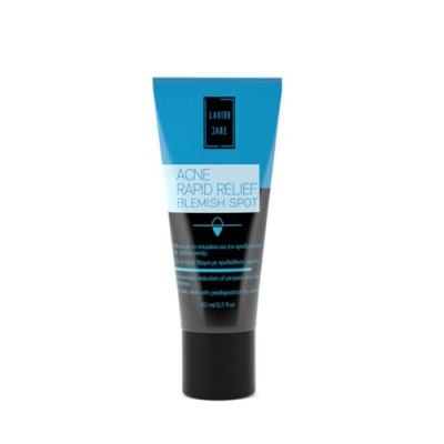 Tubo azul e preto de creme para acne Lavido Care em fundo branco