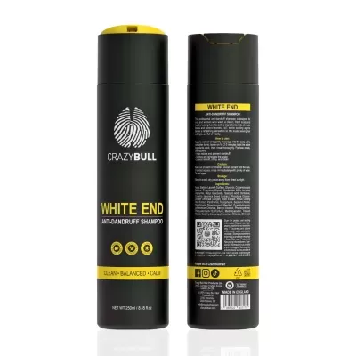 embalagens pretas e amarelas de champô anti-caspa CrazyBull White End