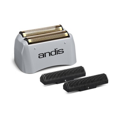 Cabeça de barbear elétrica branca com grade metálica dourada e lâminas pretas