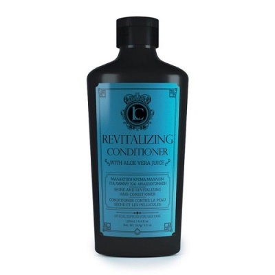 Frasco preto de condicionador revitalizante com rótulo azul claro