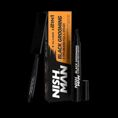 Conjunto de grooming para barba Nish Man com pente e caneta preta junto da embalagem preta e laranja