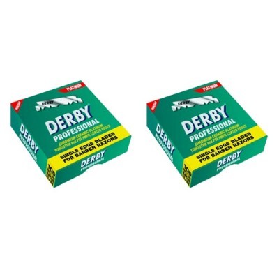 Duas caixas verdes e amarelas de lâminas de barbear Derby Professional