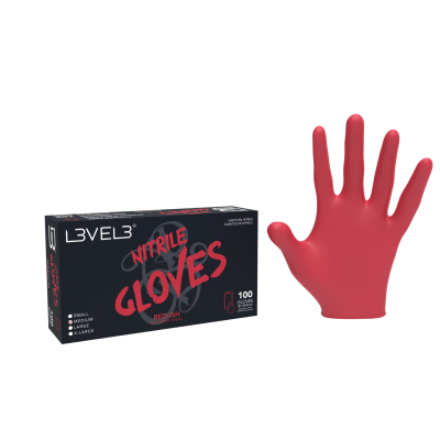 Caixa de luvas nitrilo vermelhas com luva vermelha destacada