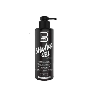 Frasco preto de gel de barbear Level 3 com texto branco e doseador