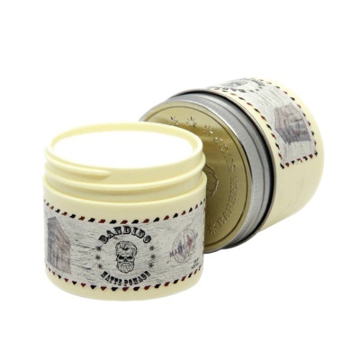 Frasco redondo de pomada para cabelo com rótulo branco e tampa metálica