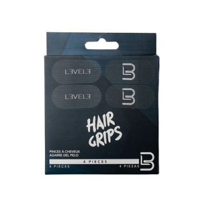Embalagem preta com quatro presilhas de cabelo LEVEL3 e texto 'HAIR GRIPS'.