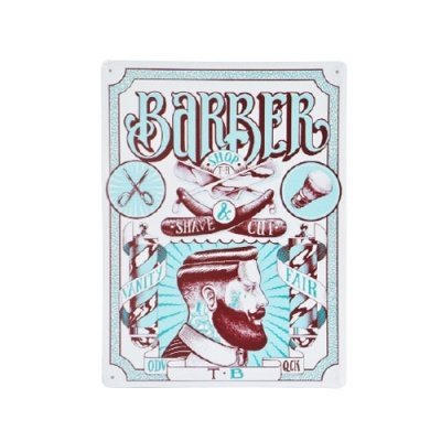 Placa decorativa metálica vintage para barbearia com ilustrações e textos