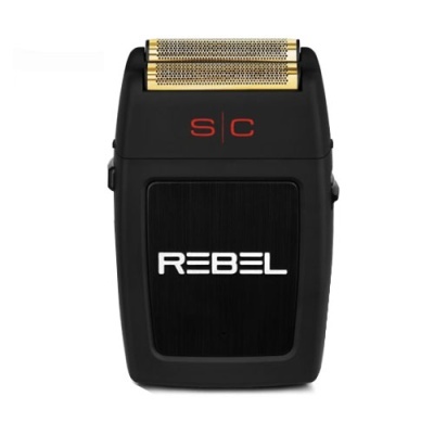 Aparelho de barbear elétrico preto com detalhes dourados e inscrições em vermelho e branco