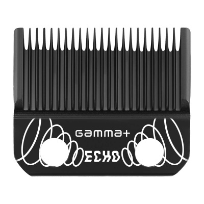 Pente de corte para máquina de tosquiar preto com texto Gamma+ Echo e linhas curvas brancas
