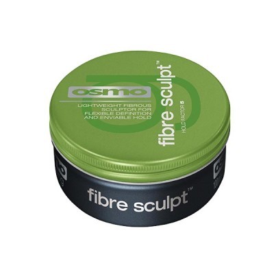 Pote redondo de produto para cabelo Osmo fibre sculpt com tampa verde e corpo preto.