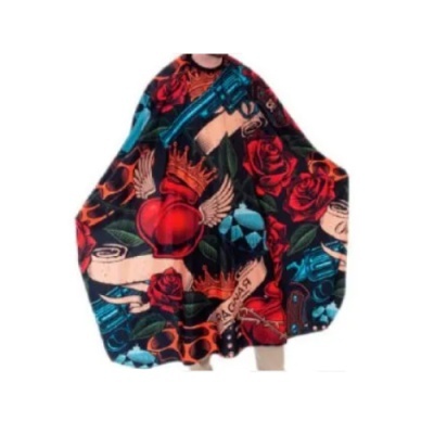 Capa de barbeiro com padrão colorido de rosas, pistolas, corações e diamantes