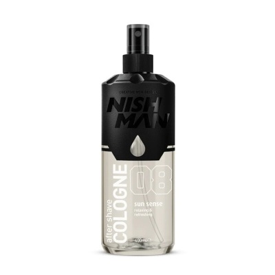 Frasco spray transparente e preto com rótulo de colónia de barbear Nish Man 08.
