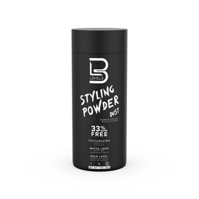 Pote preto de styling powder com texto branco em fundo branco