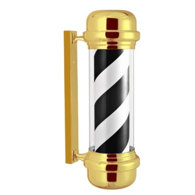 poste de barbeiro dourado com espiral preta e branca