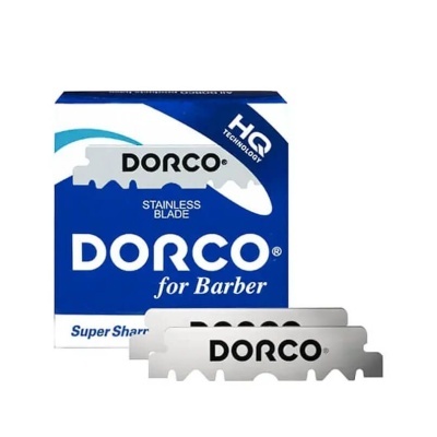 Lâminas de barbear Dorco for Barber com embalagem azul e branca.