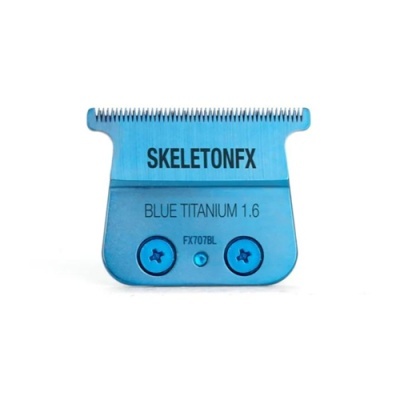 Cabeça de máquina de cortar cabelo azul metálica com texto SKELETONFX