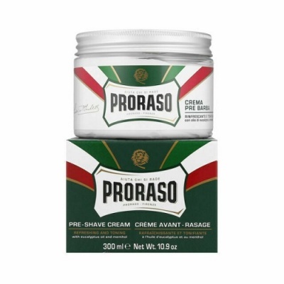 Creme pré barbear Proraso em embalagem branca com tampa, sobre caixa verde