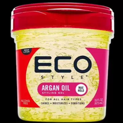 Gel de styling ECO Style Argan Oil em embalagem de plástico transparente com tampa vermelha