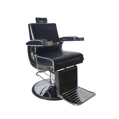 Cadeira de barbeiro preta em couro sintético com base metálica