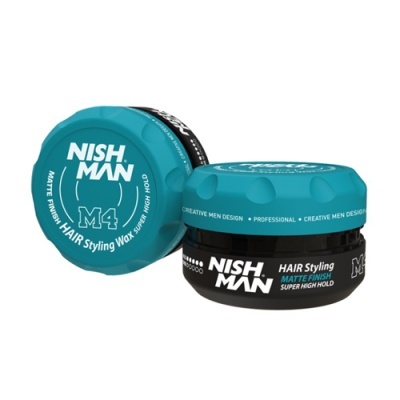 Dois frascos de cera para cabelo NISH MAN M4 com tampas azul turquesa e corpo preto.