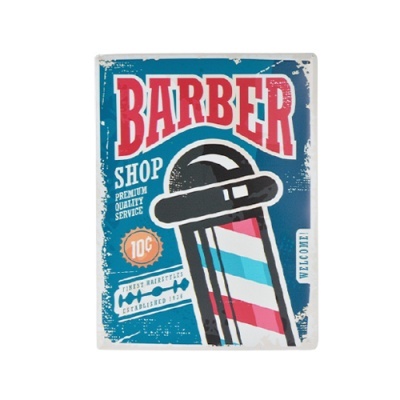 Cartaz vintage de barbearia com texto e ilustração de poste de barbearia