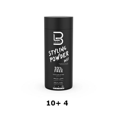 Frasco preto de pó modelador para cabelo com rótulo branco