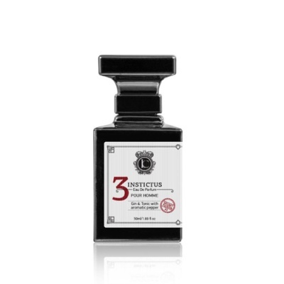Frasco de perfume masculino preto com etiqueta branca e texto vermelho e preto