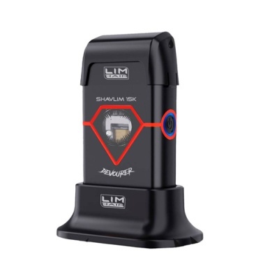 Aparelho de barbear elétrico preto com base de carregamento