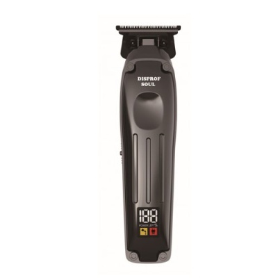 Maquina de cortar cabelo preta com visor digital e texto DISPROF SOUL