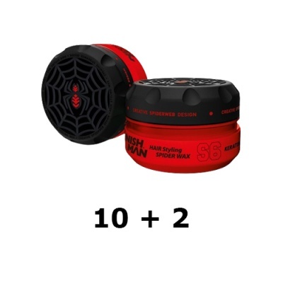 Frascos vermelhos e pretos de cera para cabelo com design de teia de aranha e texto NISH MAN HAIR Styling SPIDER WAX S6 KERATIN