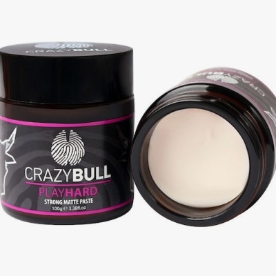 Frascos de pasta forte matte CRAZYBULL PLAYHARD, um fechado e outro aberto mostrando a pasta branca.