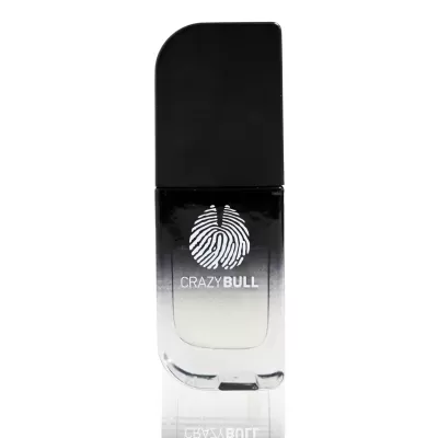 Frasco de vidro com tampa preta e logotipo CRAZYBULL.